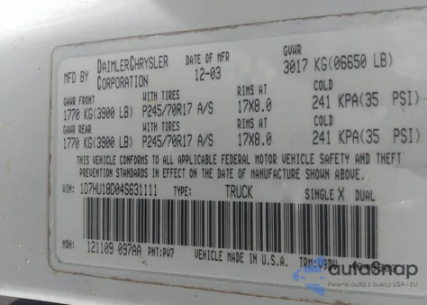 2004 Dodge Ram 1500 Slt/Laramie z USA, uszkodzony, nr VIN 1D7HU18D04S631111